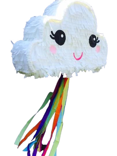 White cloud-shaped piñata with colorful ribbons 